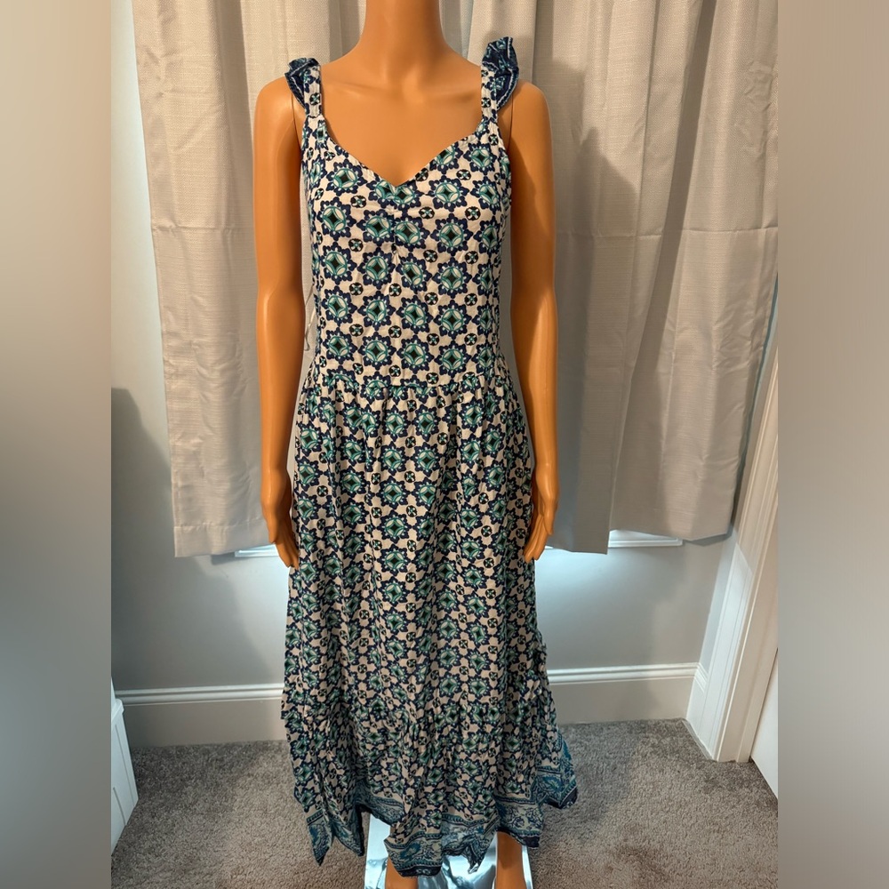 Pretty Lucky Brand size L white blue floral smocked maxi dress NWT
